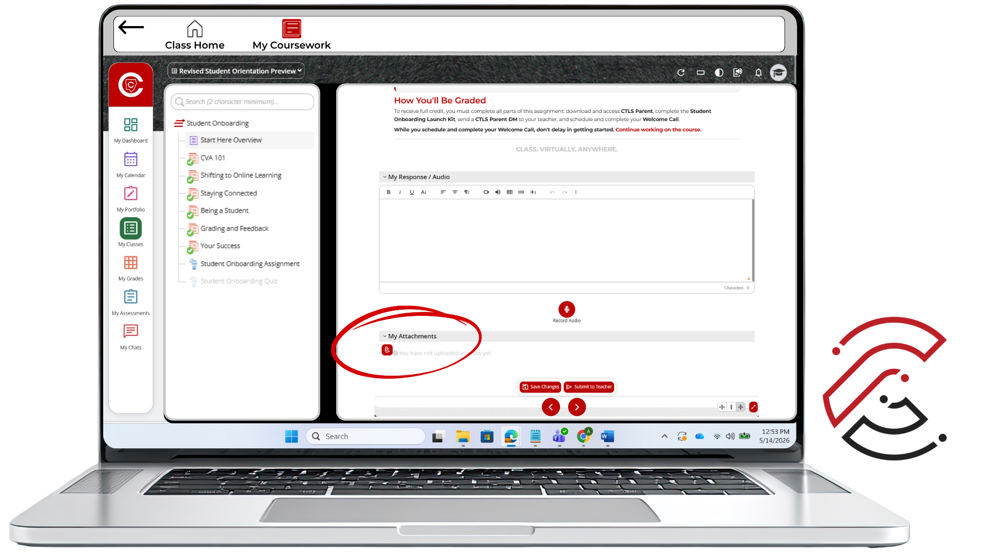 Screenshot of a CTLS assignment page with the My Attachments section circled.