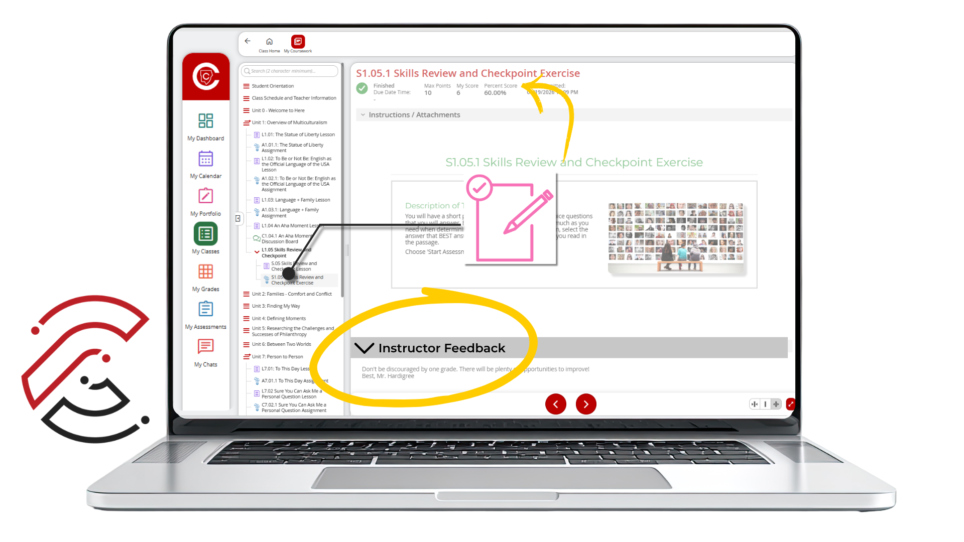 Assessment feedback screenshot showing where students can find feedback on a graded assessment.