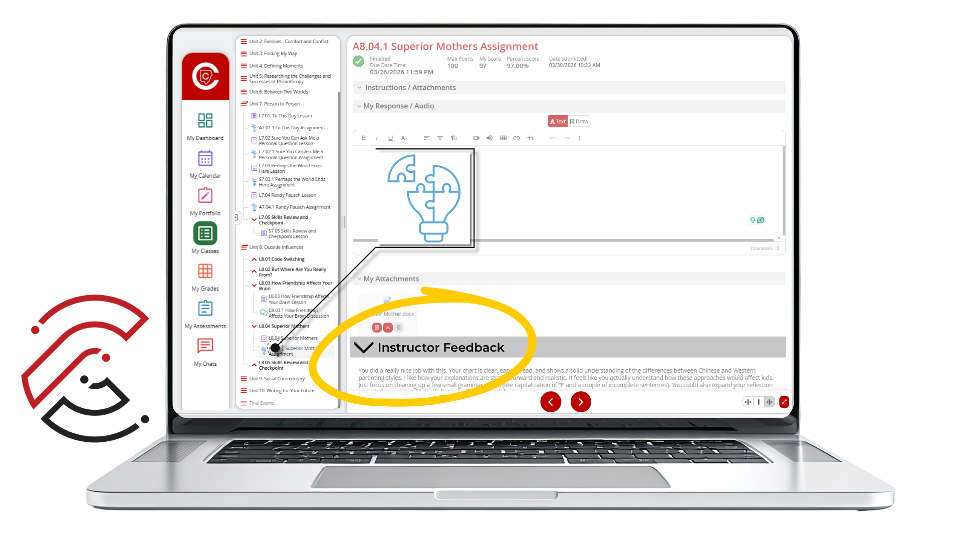 Assignments and attachments feedback screenshot showing the Instructor Feedback area.