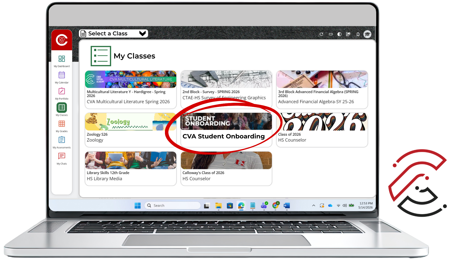 Screenshot of the CTLS My Classes page with the CVA Student Onboarding class tile circled.