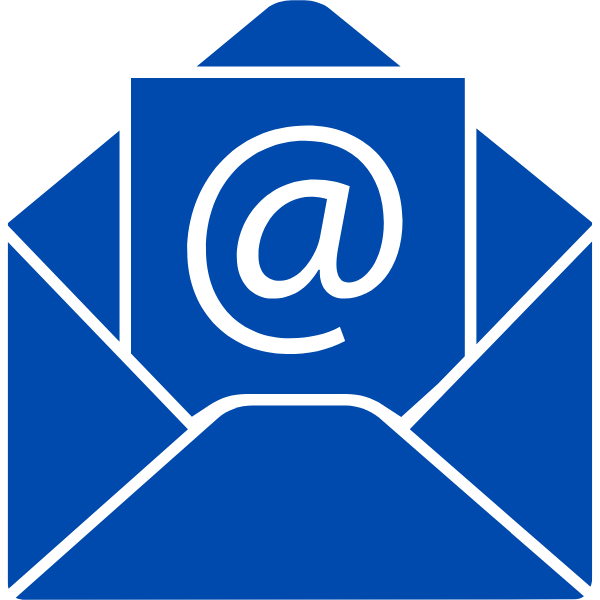 Blue email envelope icon with an at symbol on a sheet of paper.