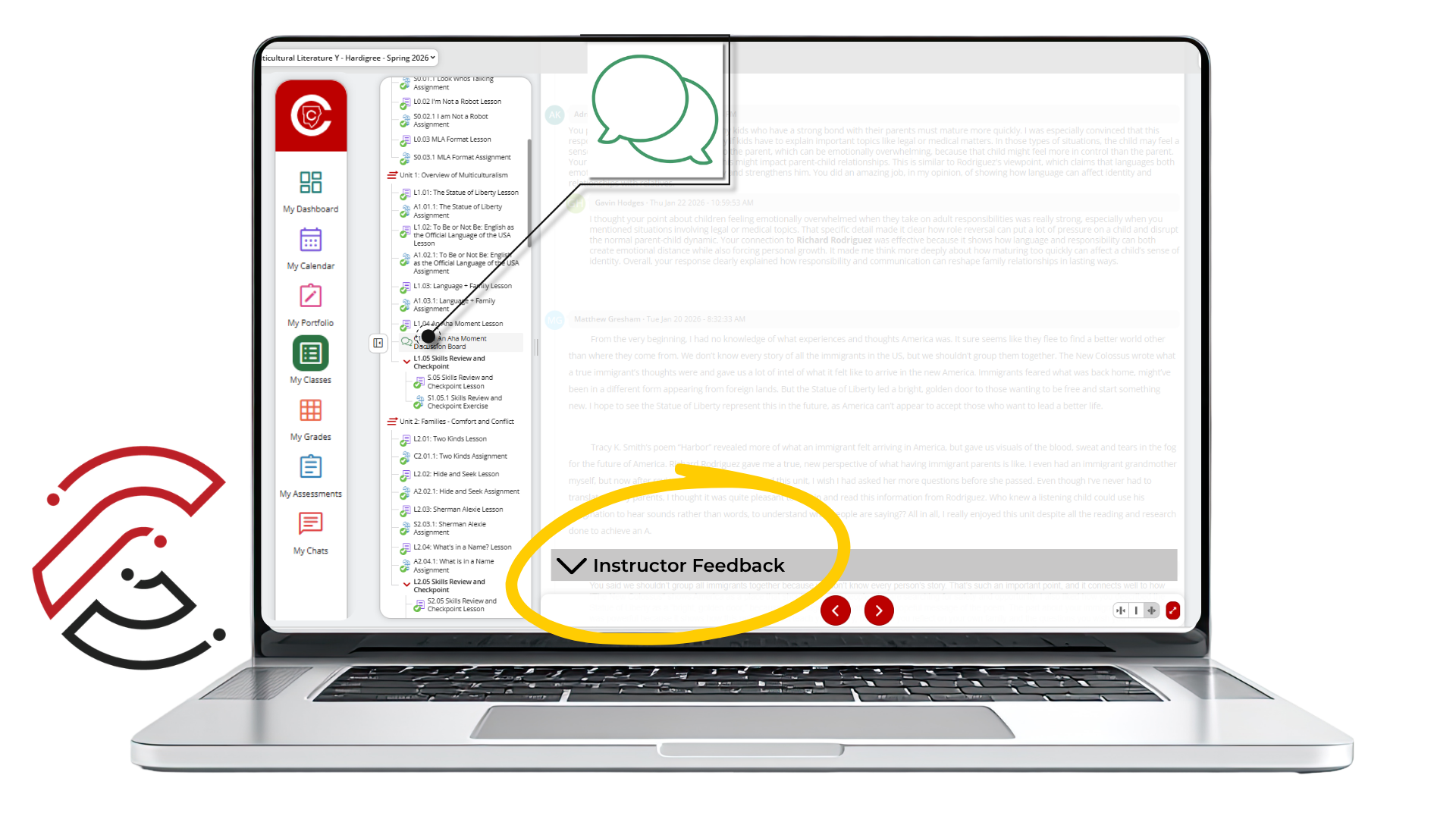 Instructor feedback and comments screenshot showing private discussion feedback.