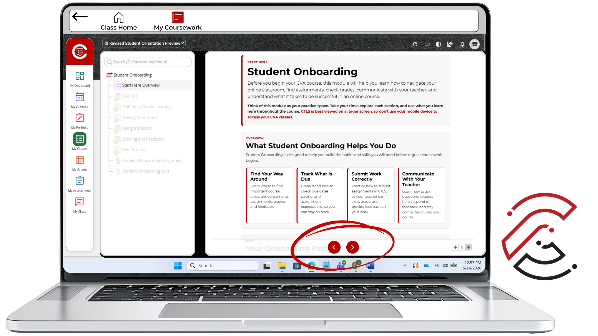 Screenshot of the CTLS Student Onboarding overview page with the red back and forward navigation buttons circled at the bottom of the screen.
