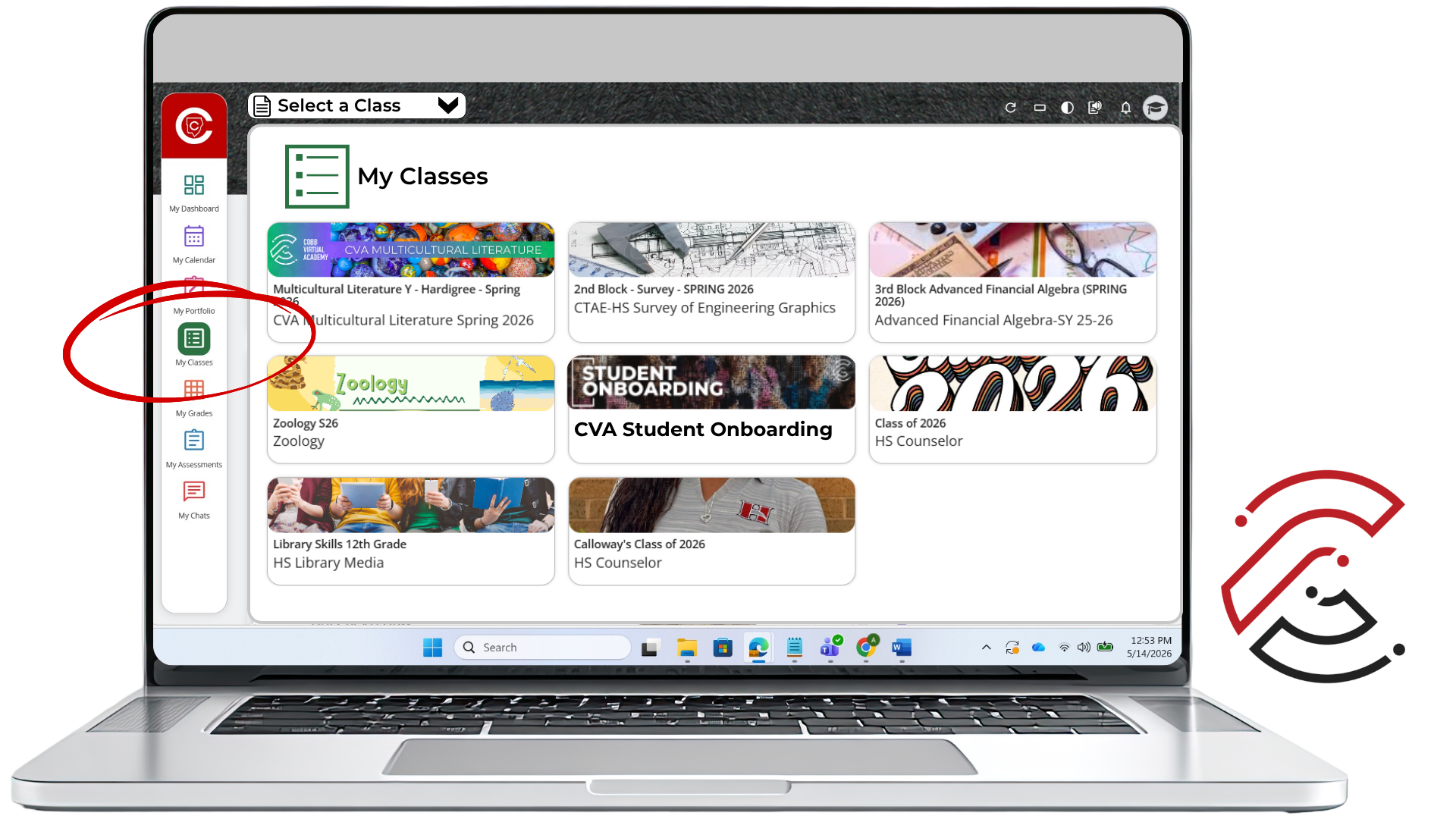 Screenshot of the CTLS dashboard with the My Classes icon circled.