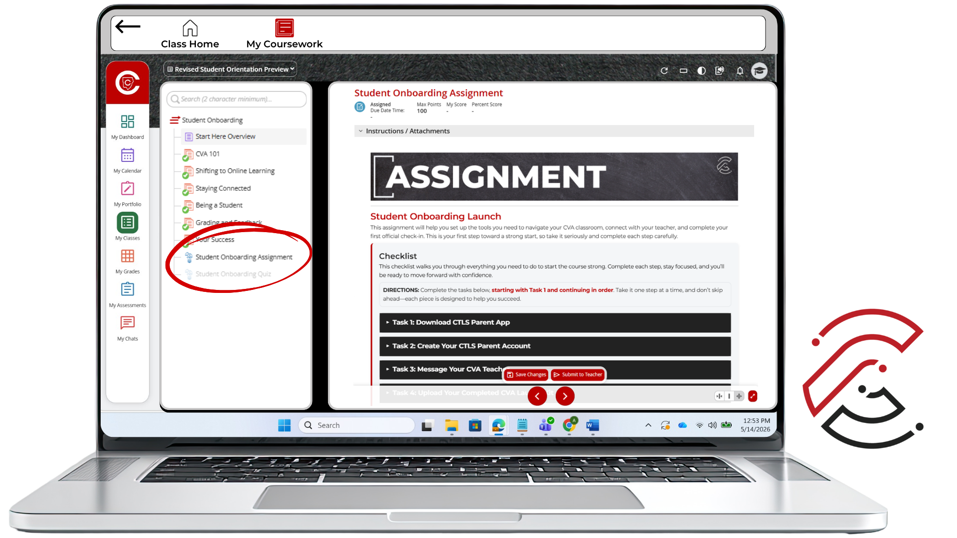 Screenshot of a CTLS assignment page with the Student Onboarding Assignment link circled.