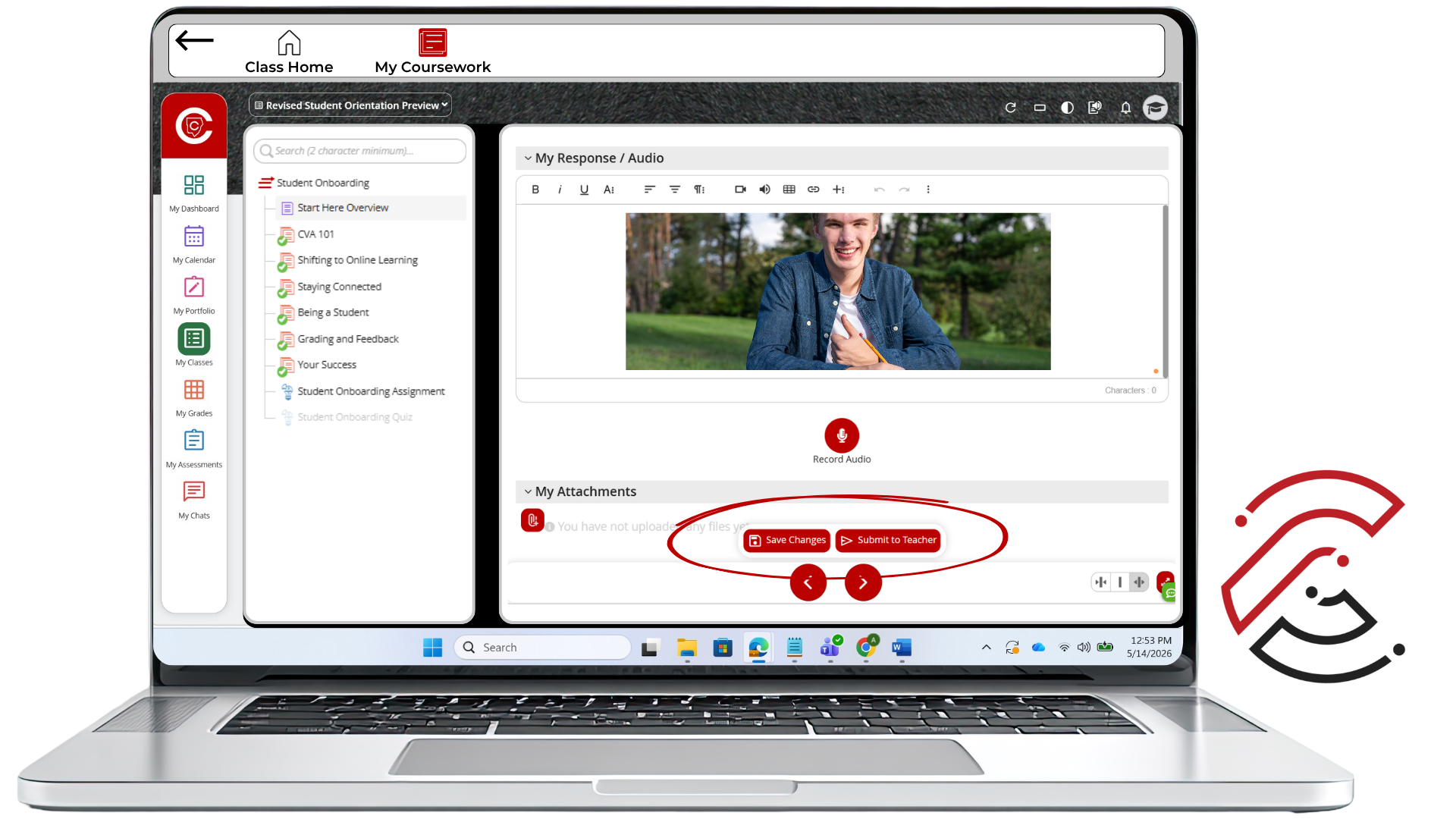 Screenshot showing the Save Changes and Submit to Teacher buttons.