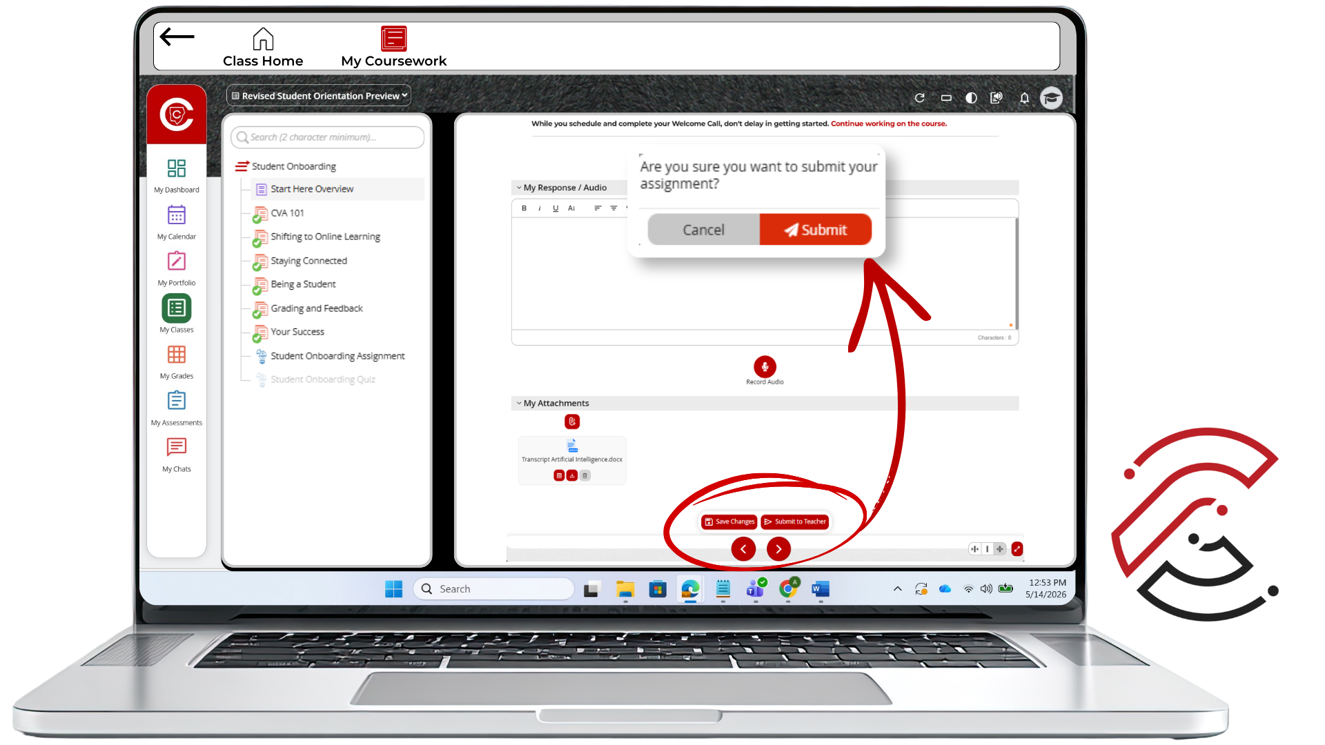 Screenshot showing the Save Changes and Submit to Teacher buttons.