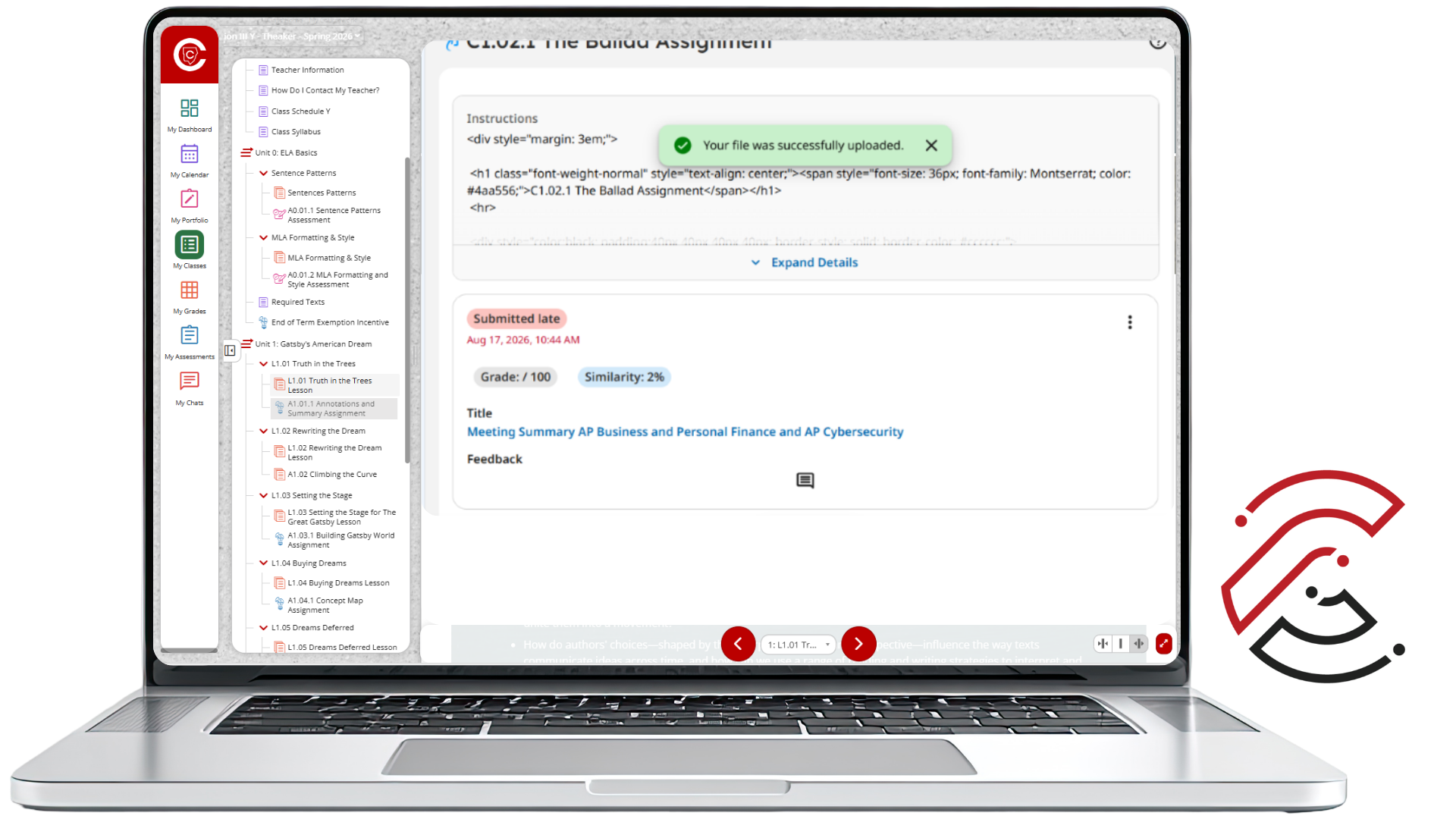 CTLS Turnitin assignment showing a green message that the file was successfully uploaded and the submitted assignment details below it.