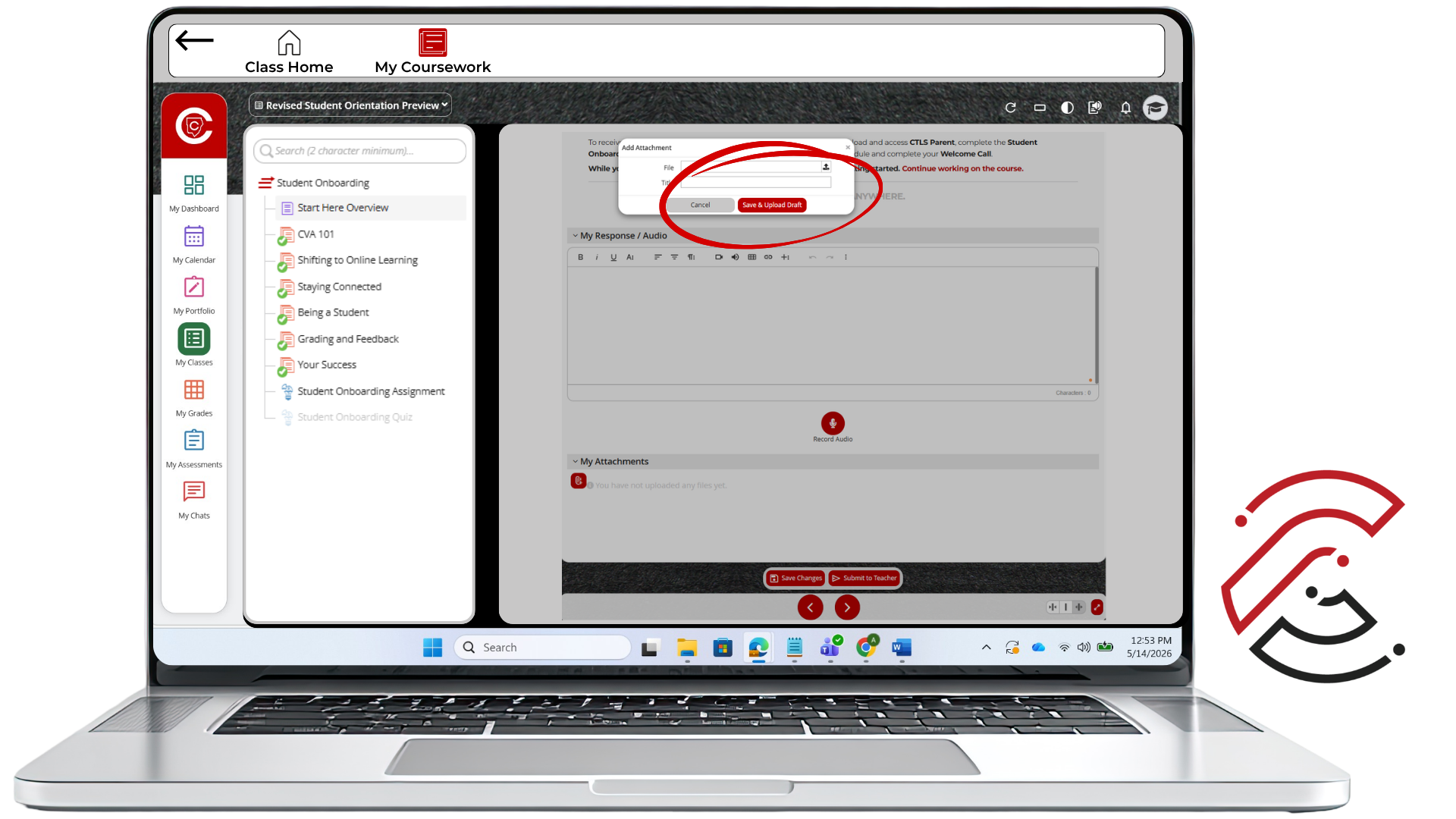 Screenshot of the CTLS add attachment pop-up window with the Save and Upload Draft button circled.