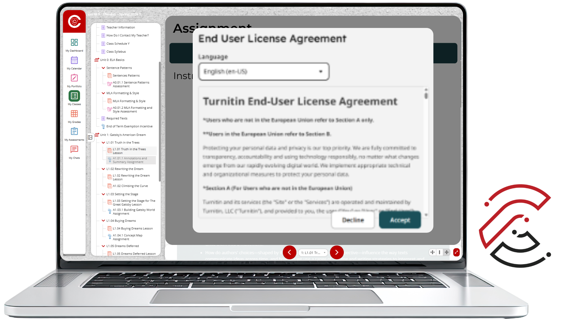 Screenshot of an online course displayed on a laptop with a Turnitin End-User License Agreement pop-up centered on the screen. The pop-up includes a language menu, license agreement text, and Decline and Accept buttons. A red and black course logo appears to the right of the laptop.
