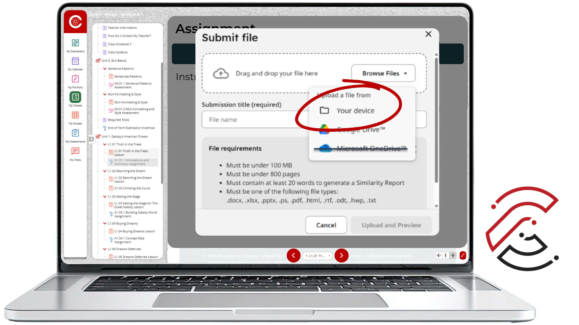 Turnitin Submit file window with the Browse Files menu open and Your device selected as an upload option.