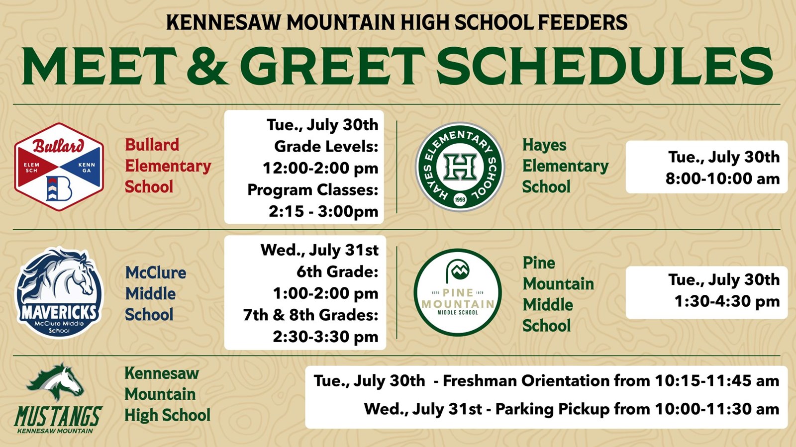 KMHS Feeders Meet & Greet Schedules - KMHS 7/30 Freshman Orientation 10:15-11:45 am, 7/31 Parking Pickup 10:00-11:30 am