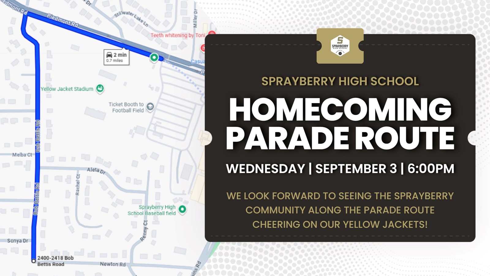 Sprayberry High School | Homecoming Parade Route | September 3, 2025