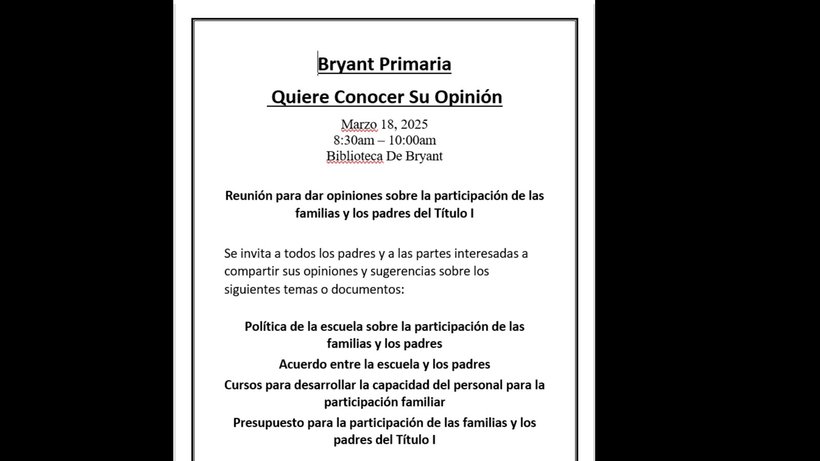TITLE ONE PARENT ENGAGEMENT MEETING 