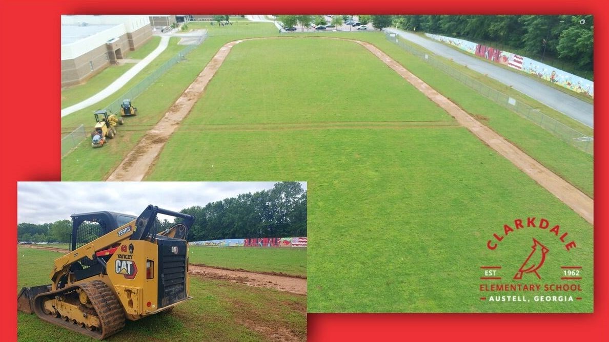 Track around field and close up of a tractor