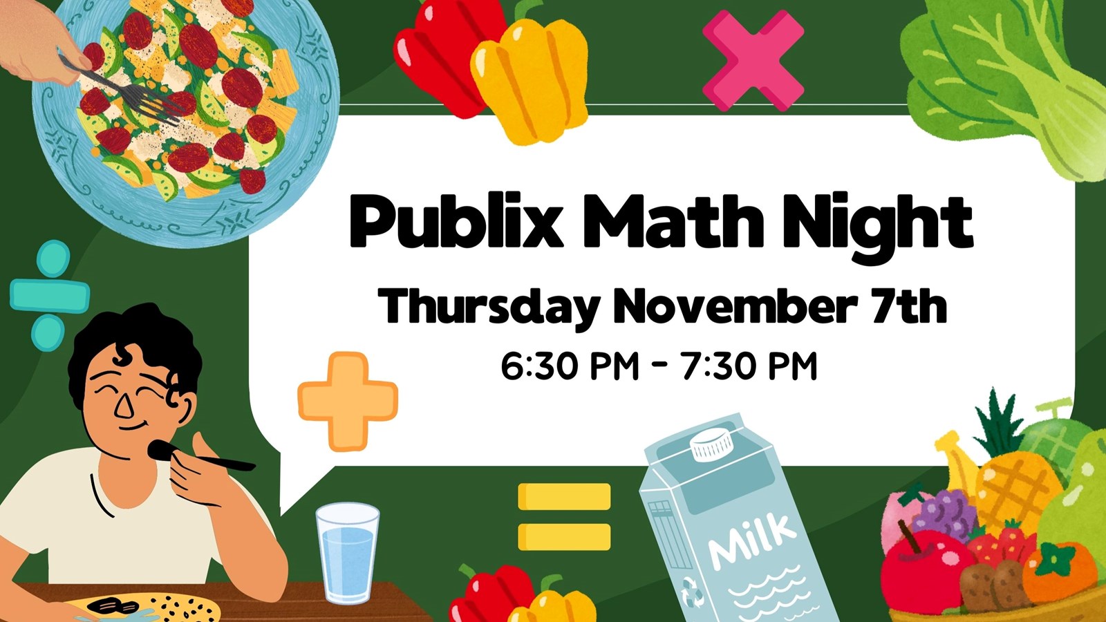 Publix Math Night with a boy, math symbols and food