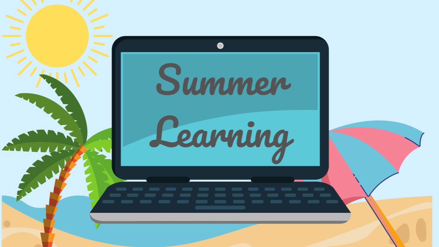 Laptop says Summer Learning with beach background