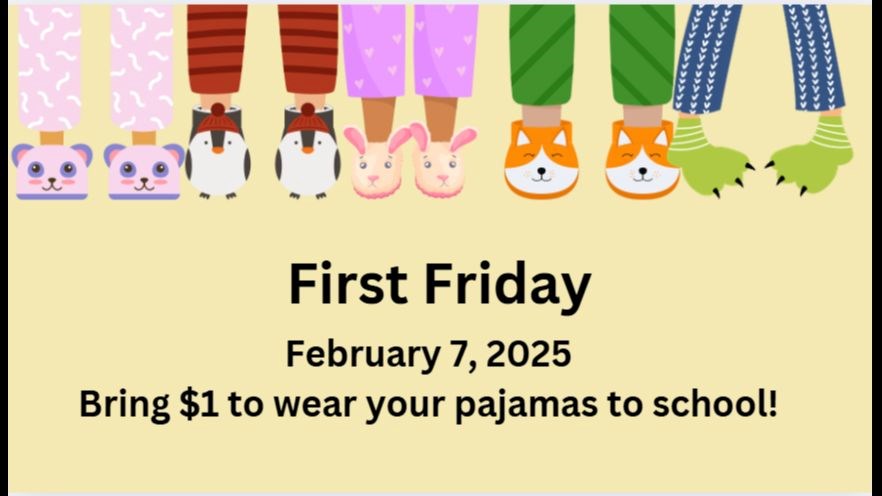 Kids feet in slippers on yellow background - First Friday, February 7, 2025 bring $1 to wear your pajamas to school