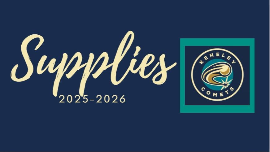 Navy background with Keheley Comets logo Supplies 2025-2026