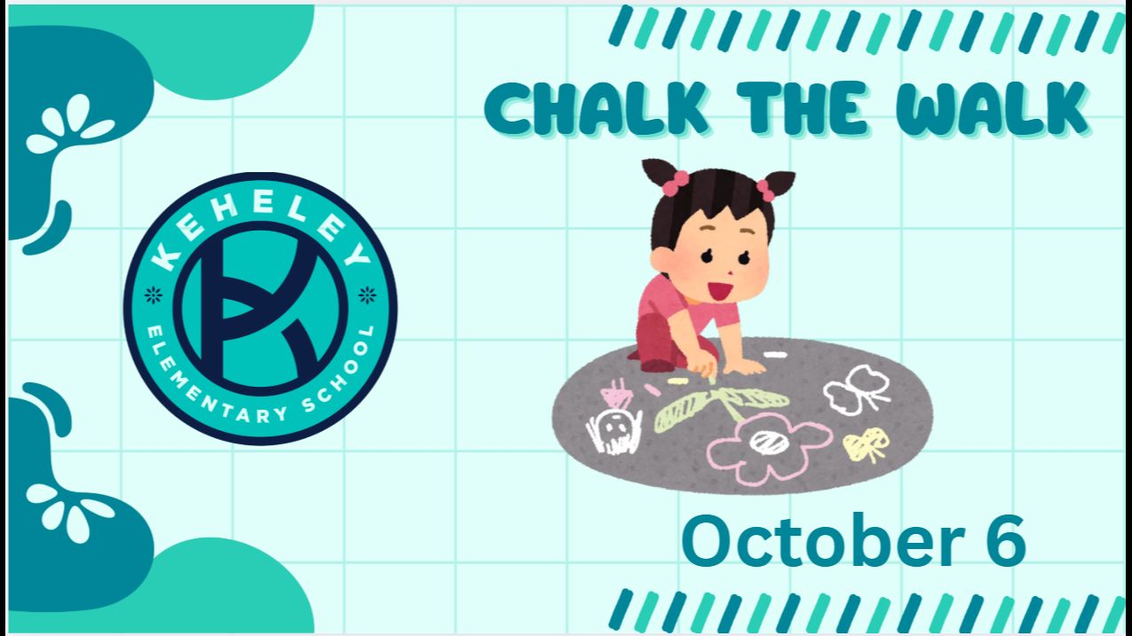 Dark and light teal backgrounds with child drawing with chalk and Chalk the Walk October 6