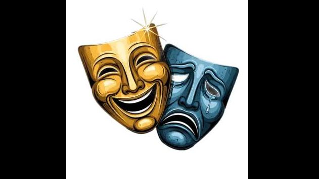 white background with performing arts masks