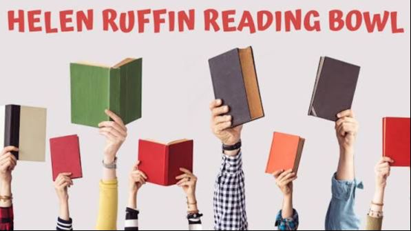 light colored background with words Helen Ruffin Reading Bowl and kids arms holding books in the air
