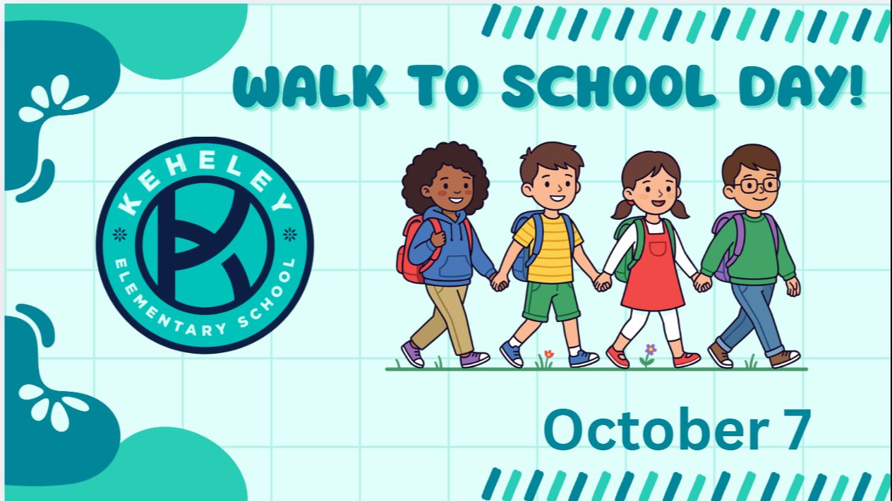 Dark and light teal backgrounds with kids walking with backpacks and Walk to School Day October 7