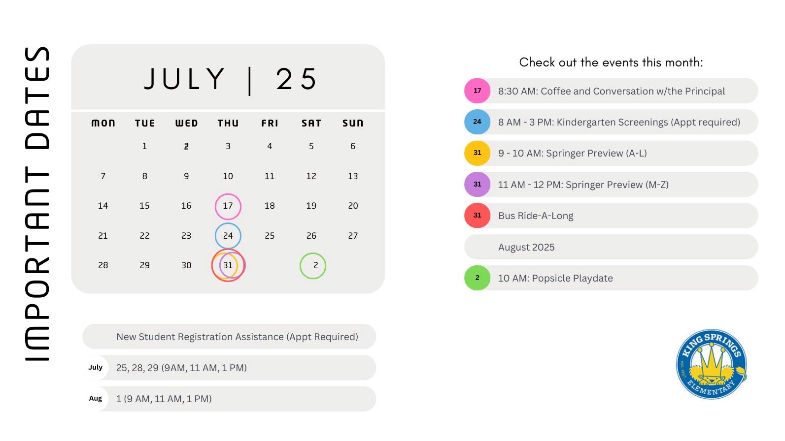 Information graphic showing important dates for July and August 2025