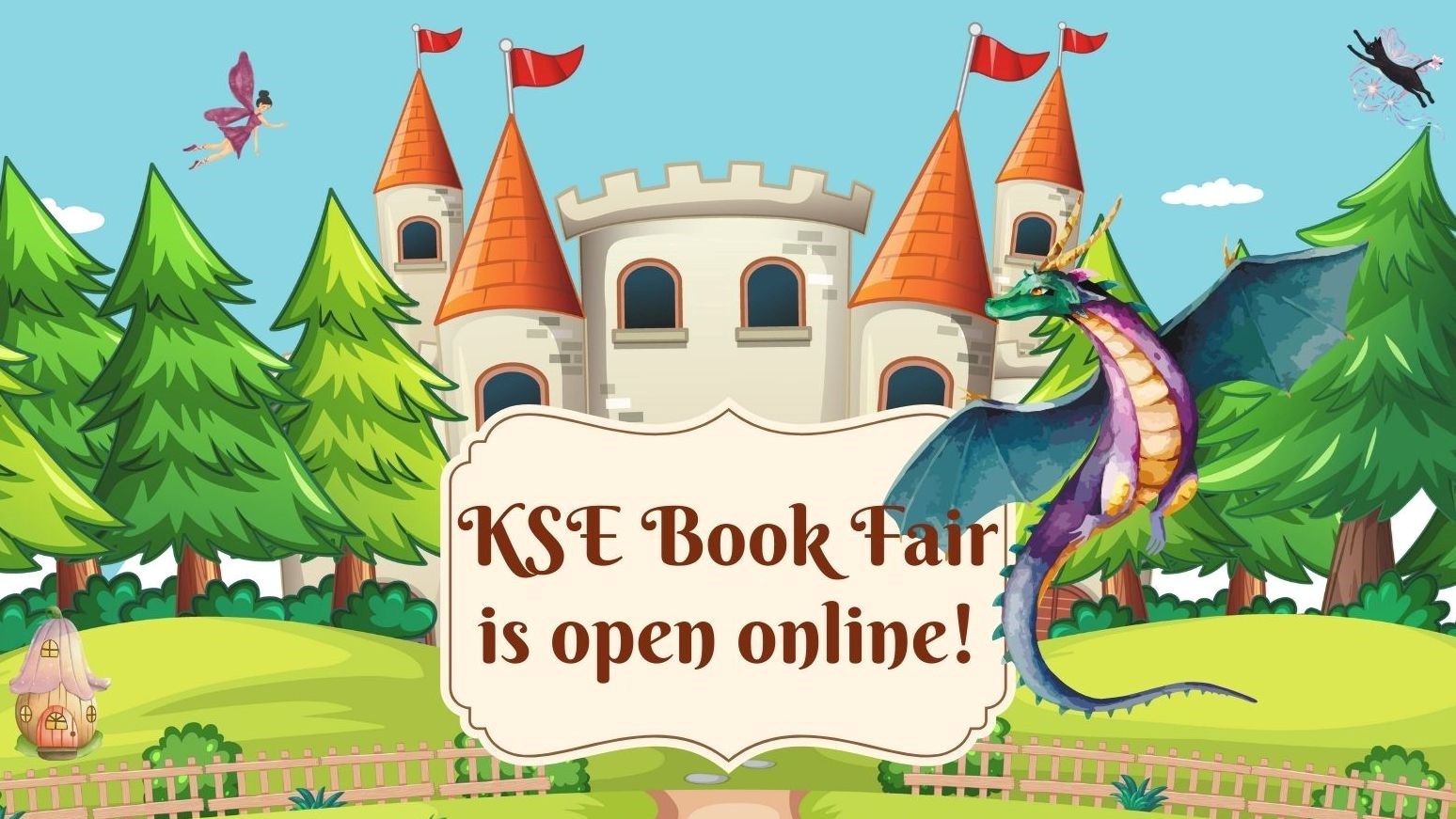Castle cartoon announcing that the KSE Book Fair is open online