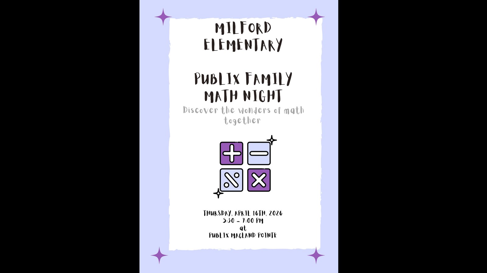Publix family math night April 16 5:30-7:00 Macland Pointe
