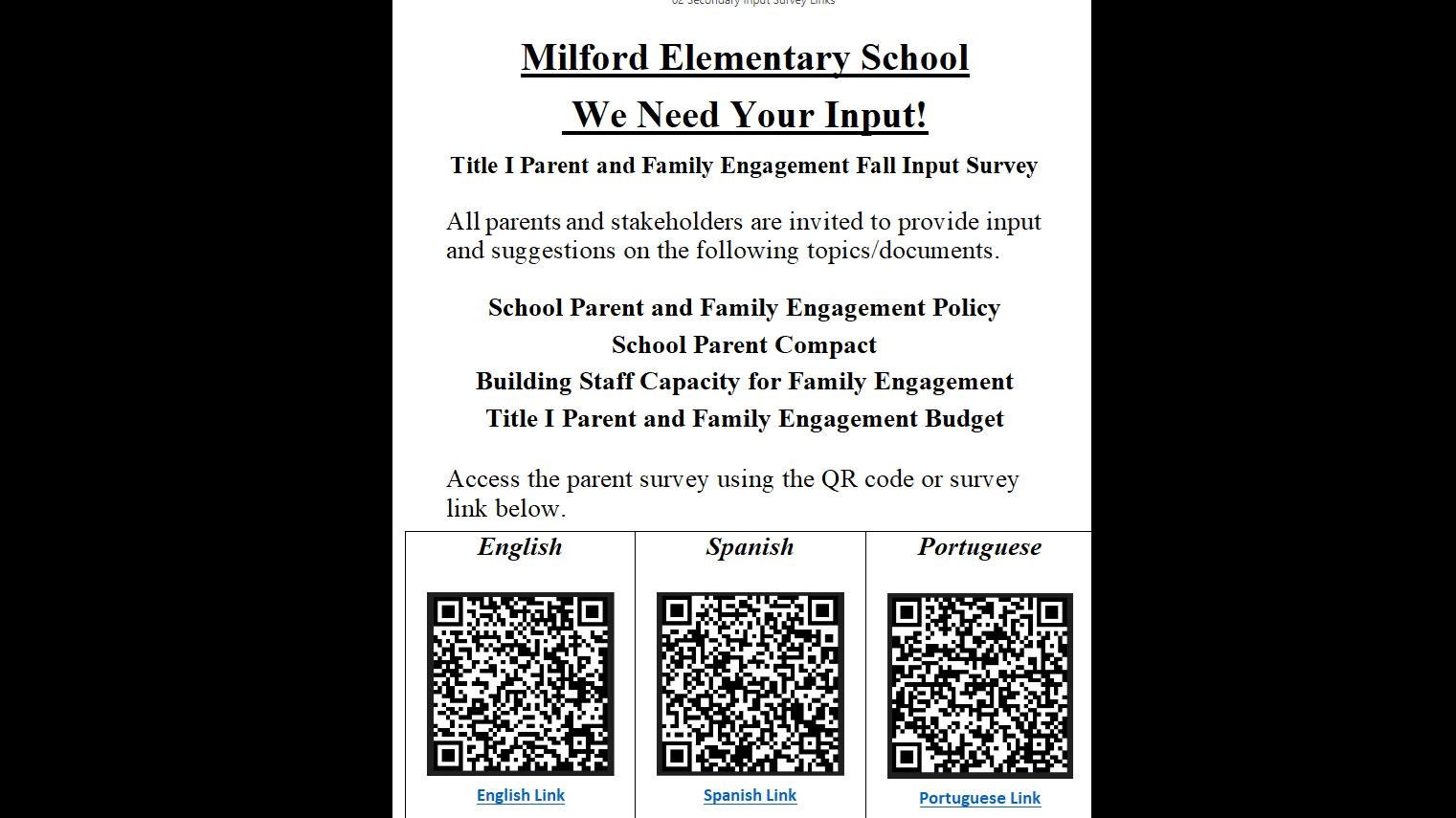 Milford Elementary School Title One parent and family engagement fall input survey