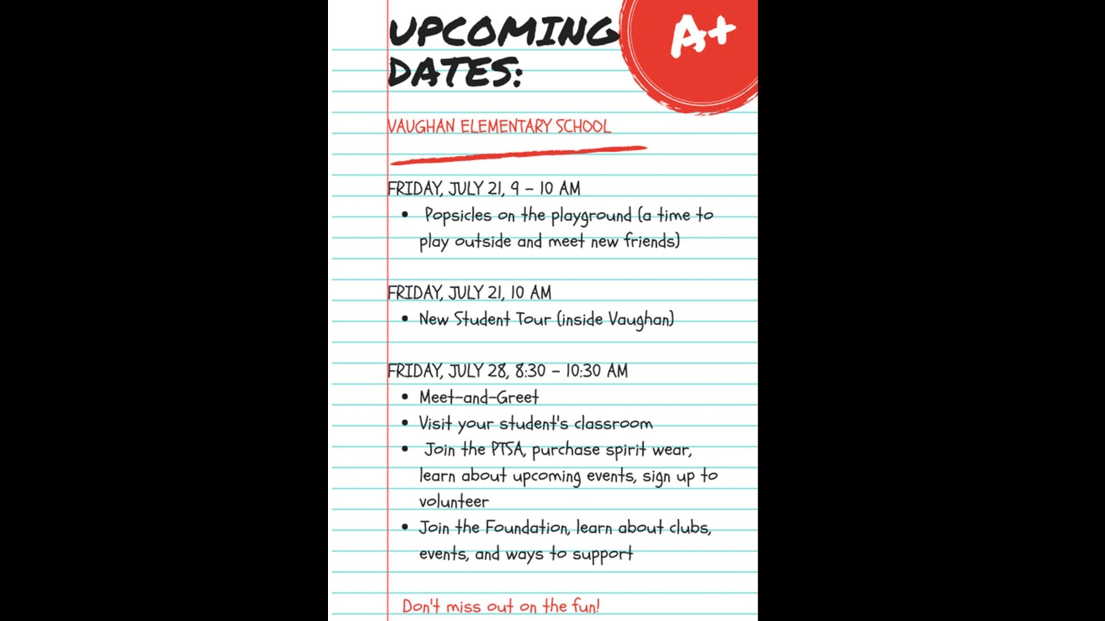 Upcoming events for Vaughan ES