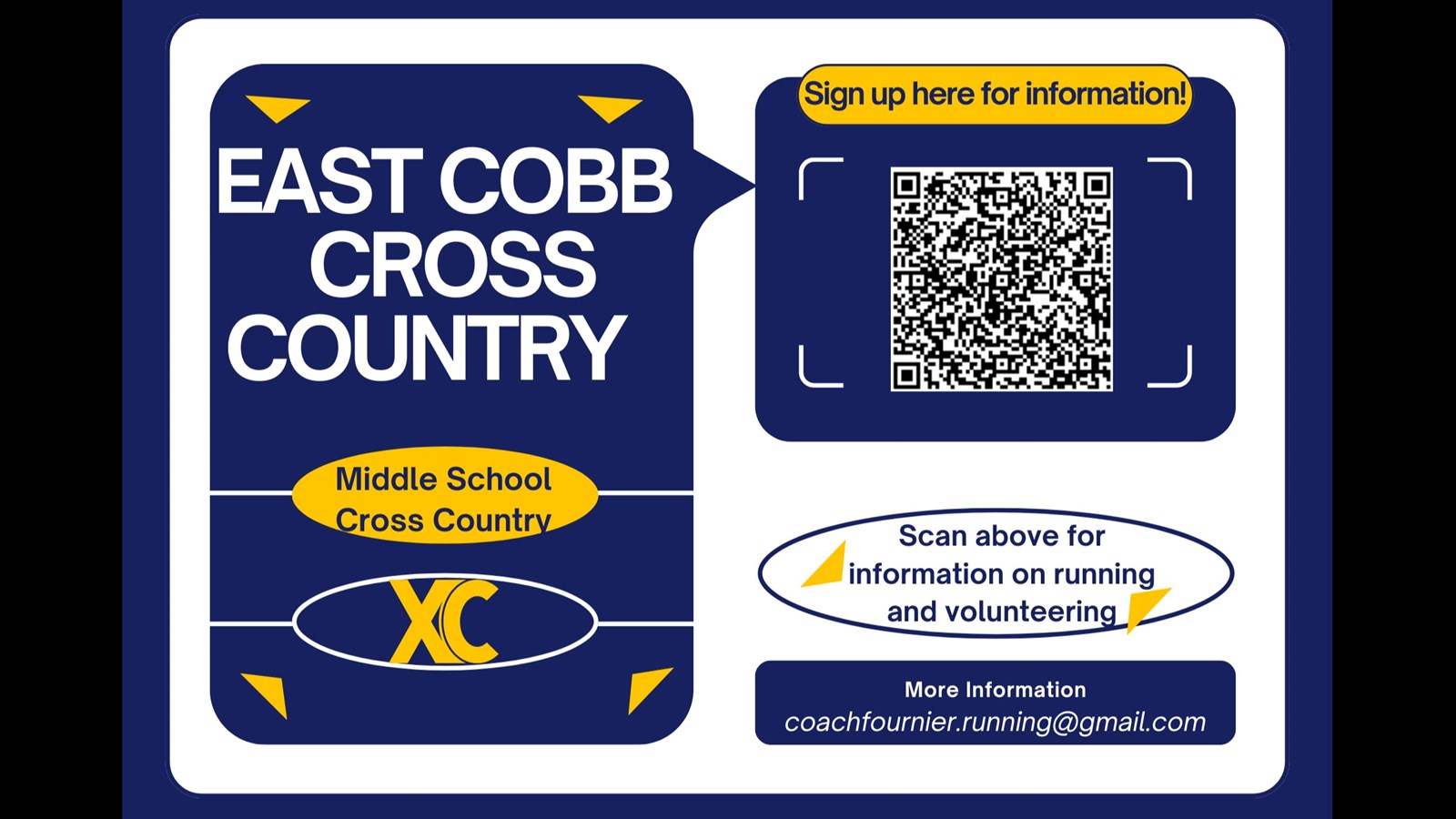 For information about the East Cobb Middle School Running Club, contact Coach Fournier at coachfournier.running@gmail.com. A QR code is provided for joining or volunteering for the running club.