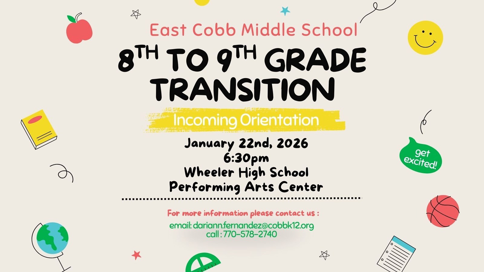This picture provides infomration aout a transition meeting happening on January 22, 2026 at 6:30 pm in the Wheeler High School Performing Arts Center.