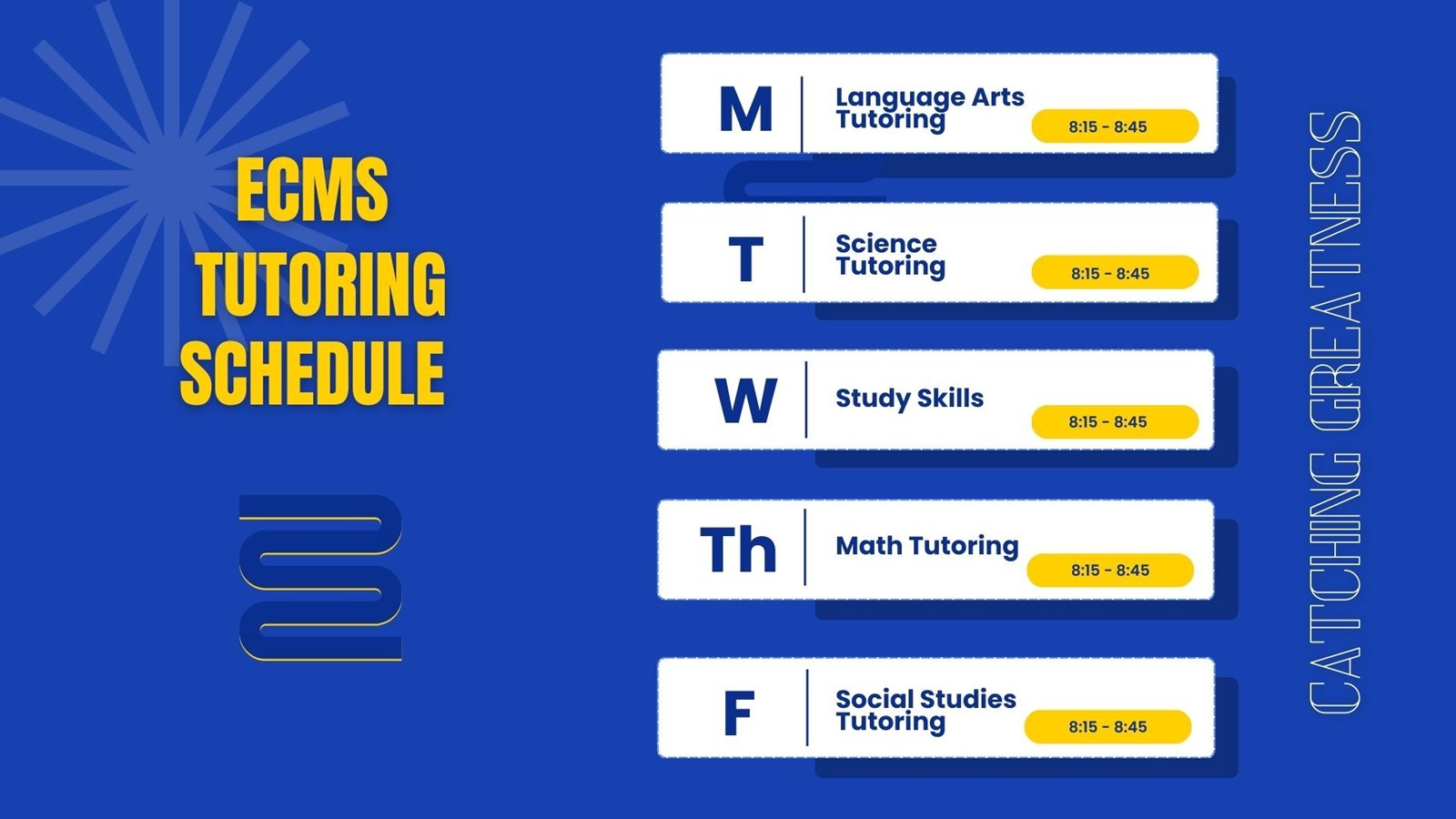 Infographic showing the days of the weeks, times and subjects for tutoring at ECMS