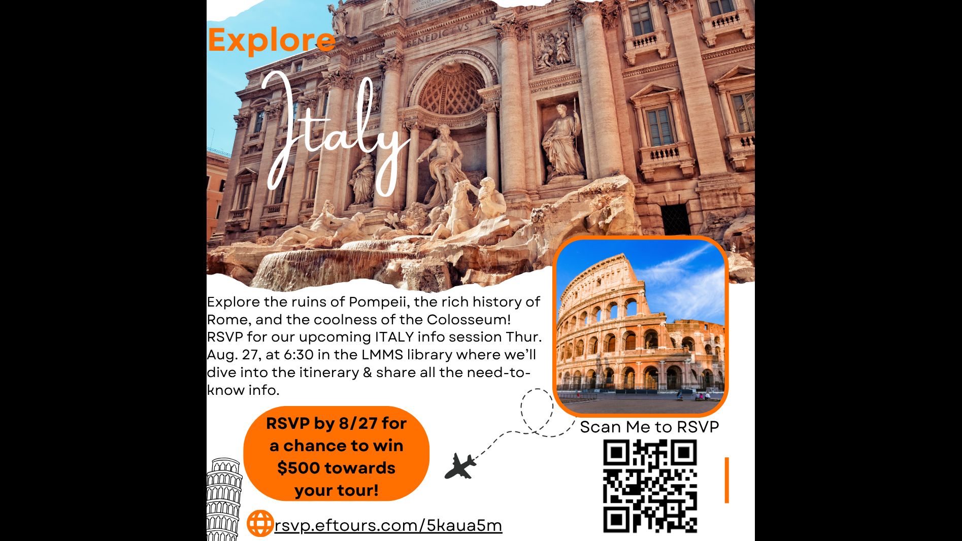 Explore Italy poster with qr code to RSVP to Info session on August 27th at 6:30PM.