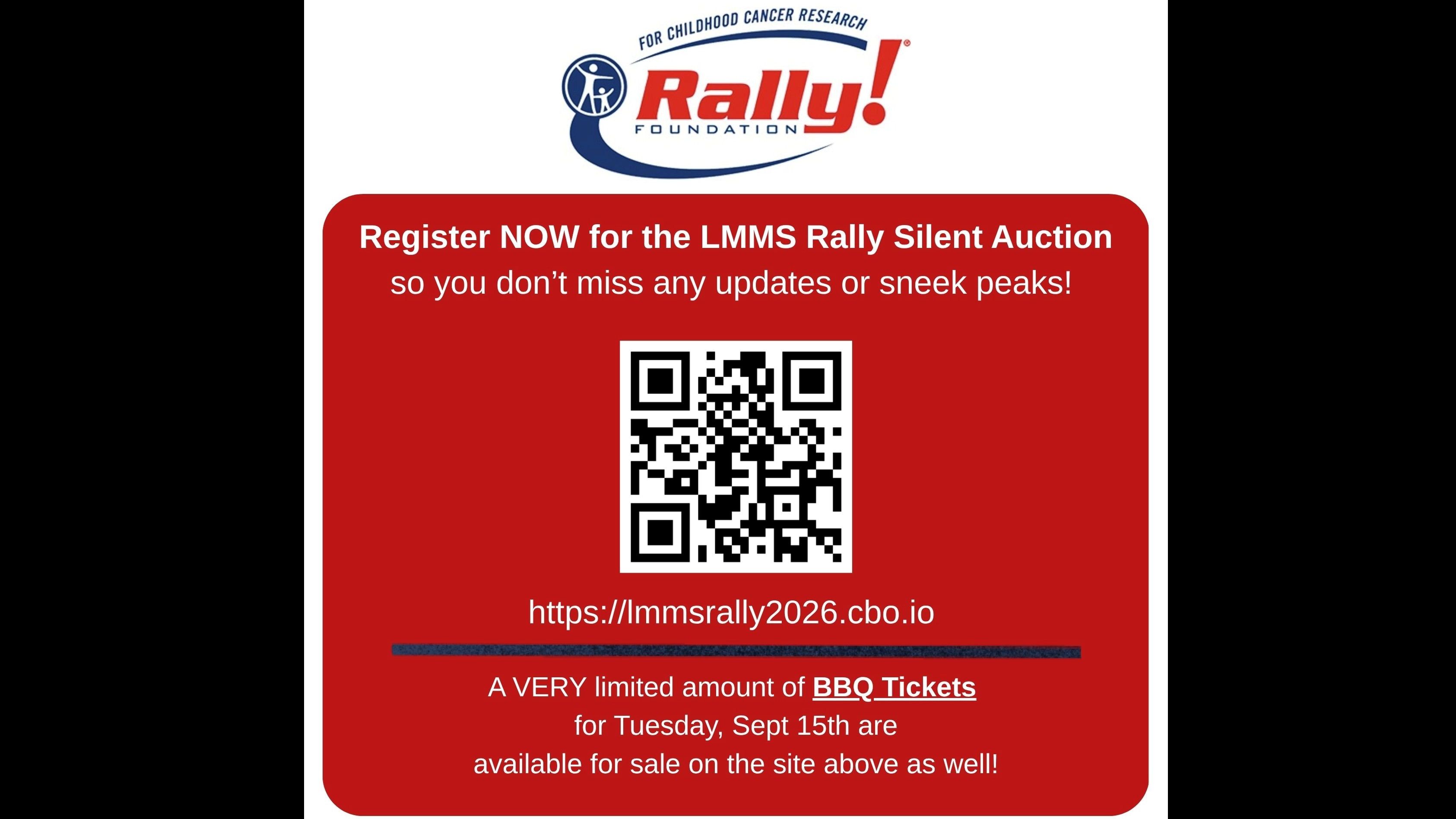 QR code to register for the LMMS Rally Silent Auction Red Square with QR code in center