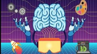 Artistic brain and hands with goggles