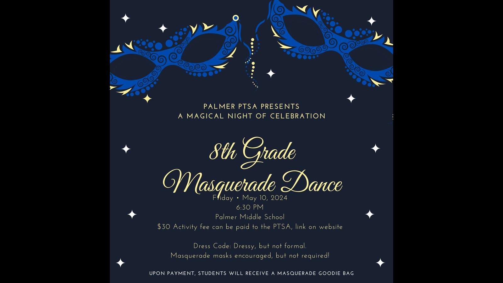 8th Grade Masquerade Dance black background with masks