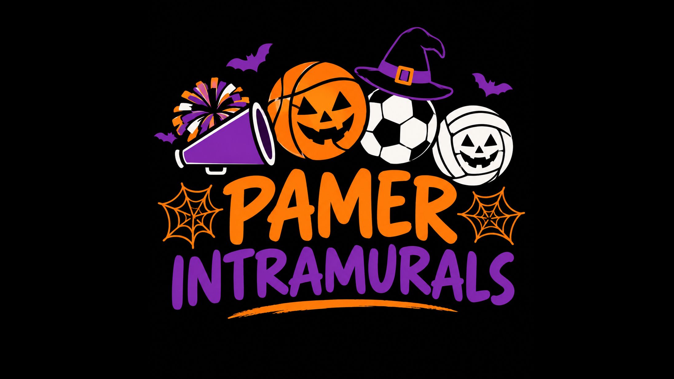 Palmer Intramurals with Halloween themed basketball, soccer ball, and volleyball