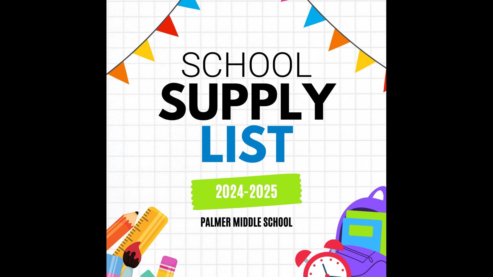 School supply list with school supplies around the words