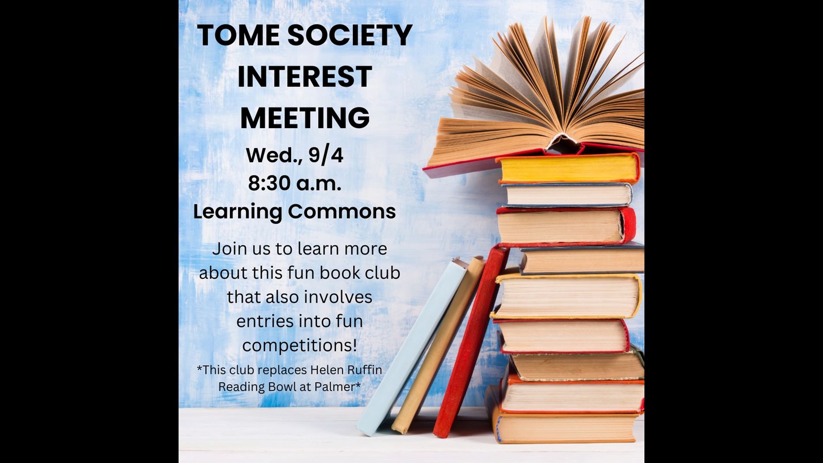 tome society interest meeting 9/4/2024 and stack of books