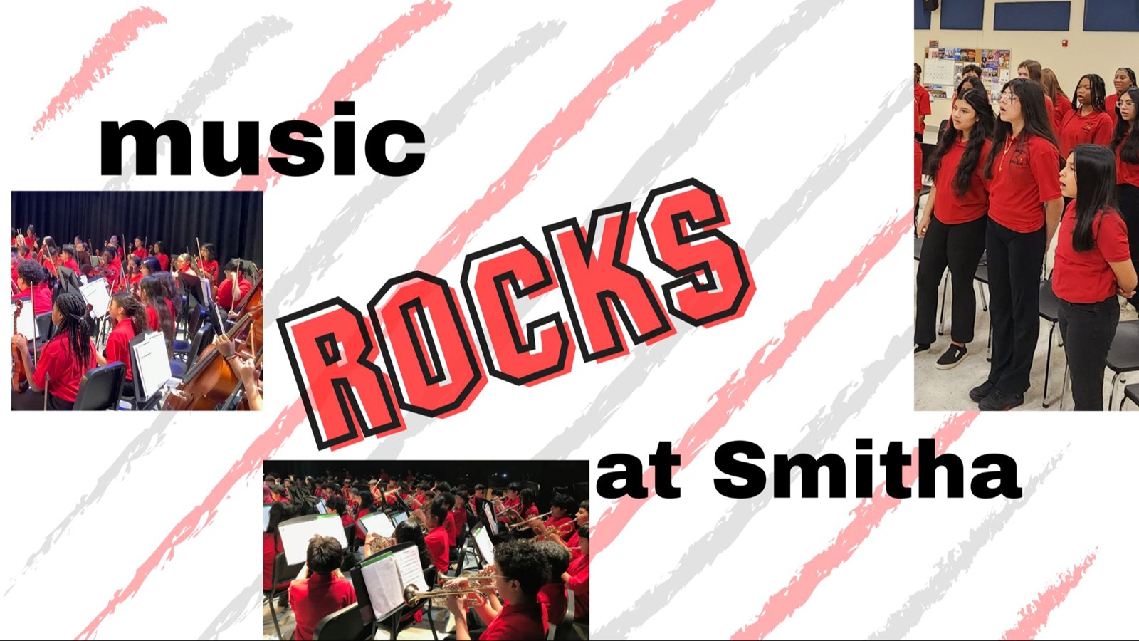 Images: Music students performing at Smitha Middle School. Text: Music rocks at Smitha