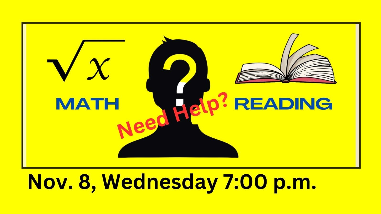 Image: Square root symbol, face with question mark, open book